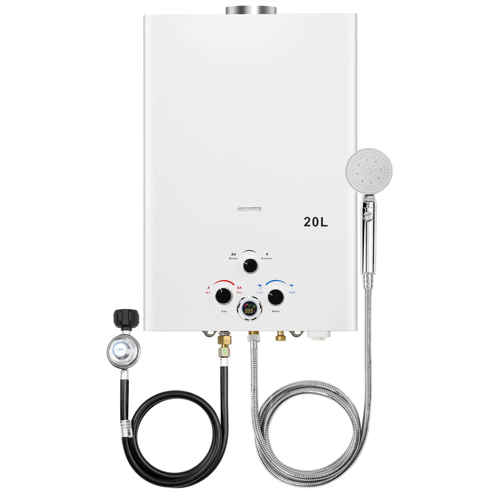 Forimo tankless propane heater front view for quick outdoor hot water.
