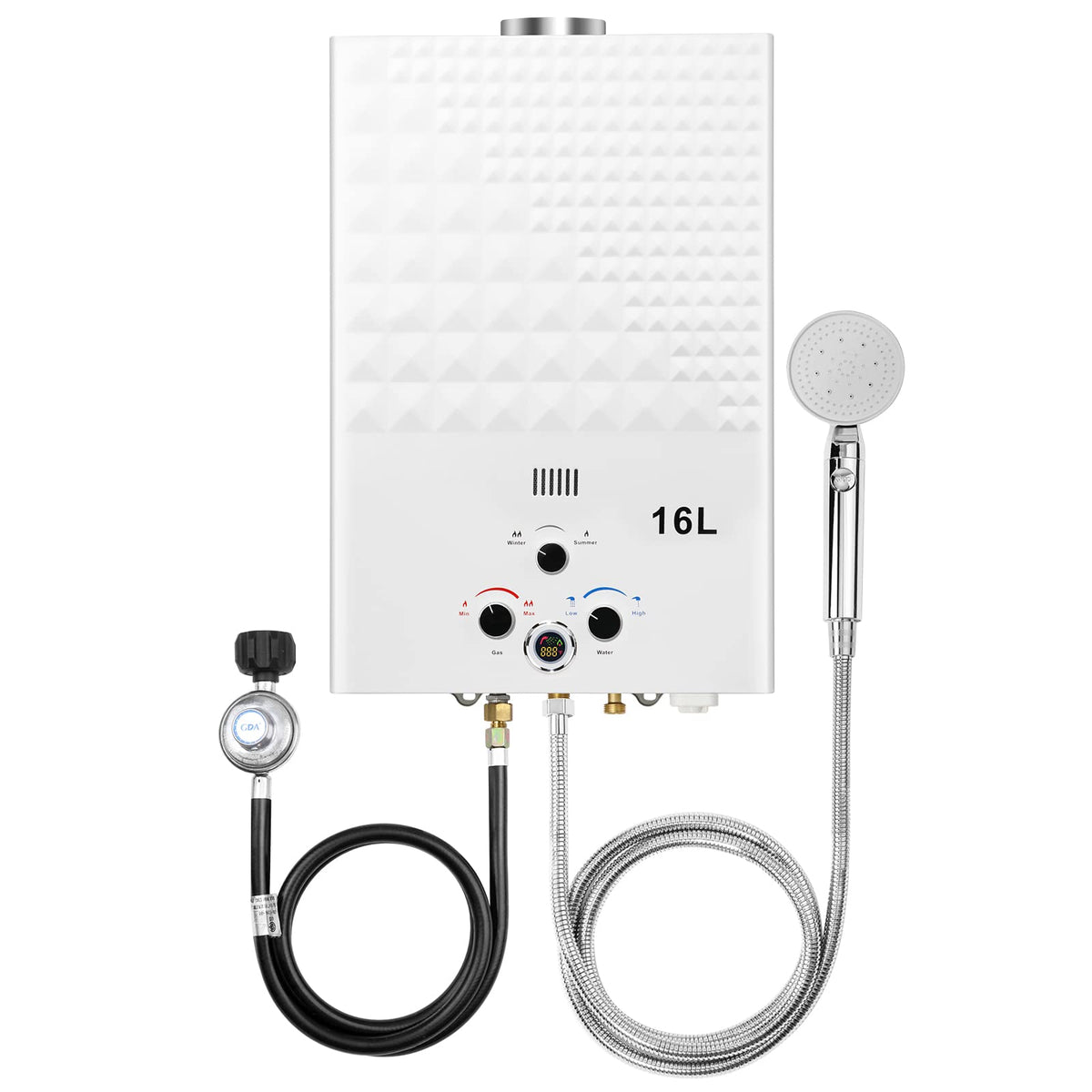 Forimo tankless propane water heater outdoors for camping showers