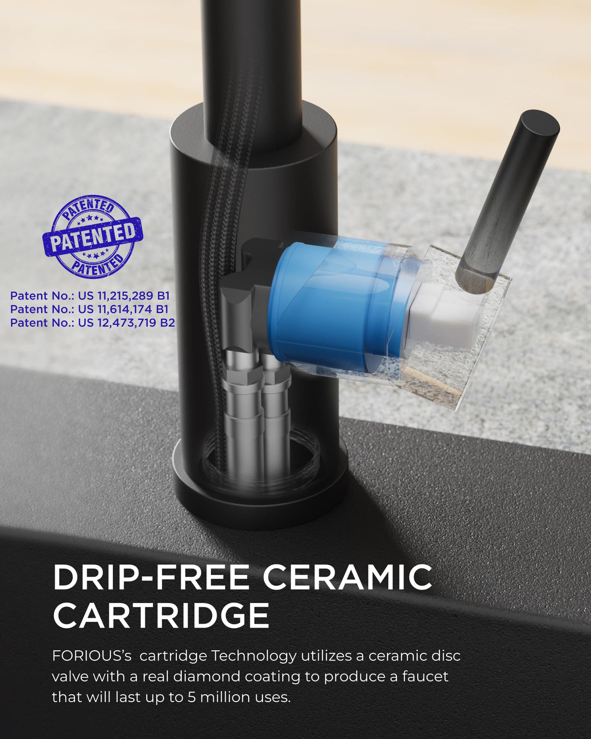 FORIOUS 360-degree rotate head covers the sink area efficiently.