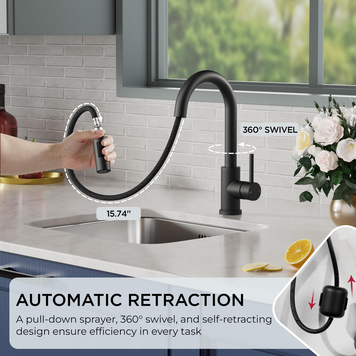 FORIOUS 360° swivel faucet with 15.74-inch pull-out hose for full sink access.