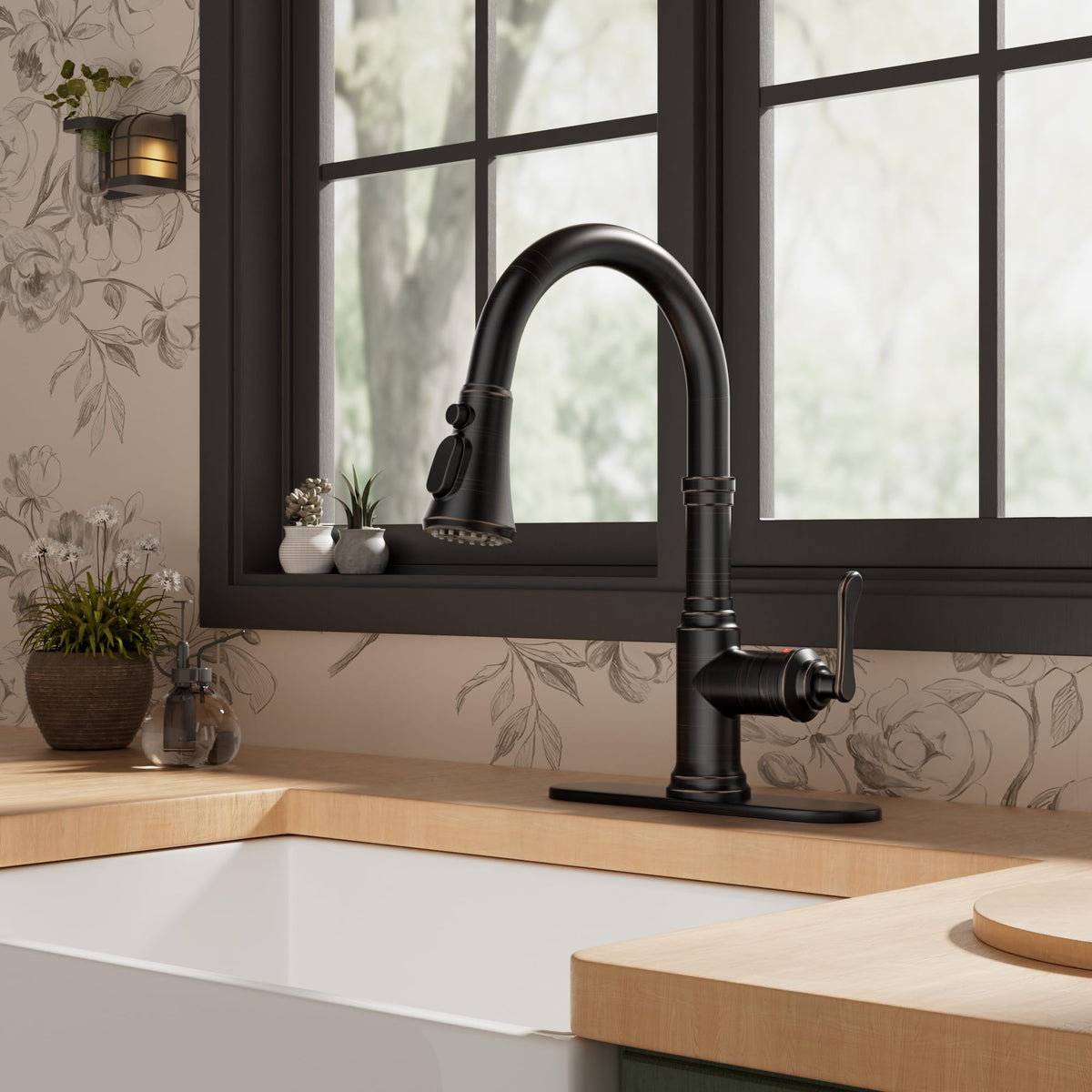 FORIOUS 3-in-1 faucet demonstrating spray mode for versatile kitchen tasks.
