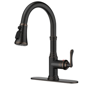 FORIOUS antique kitchen faucet with pull-down sprayer in oil rubbed bronze for farmhouse kitchens - effortless cleaning.