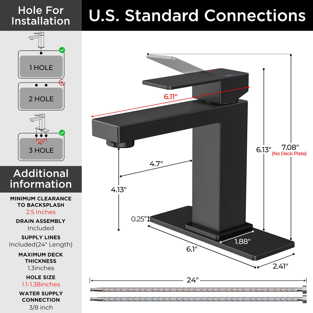 FORIOUS single-hole installation adapts to 1- or 3-hole sinks.
