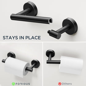 FORIOUS matte black toilet paper holder keeps rolls steady for quick replacement.