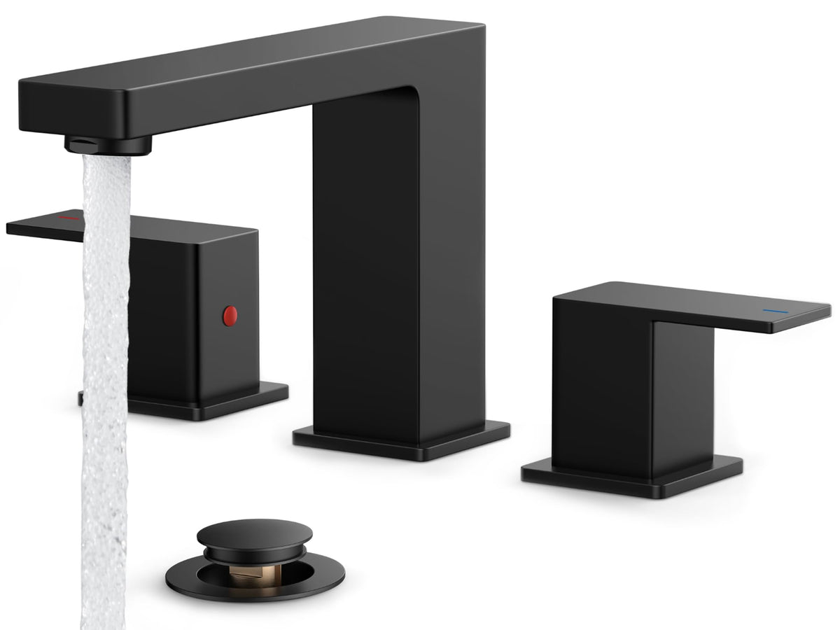 FORIOUS black bathroom faucet showcases bold 3-hole design with a dramatic focal point.