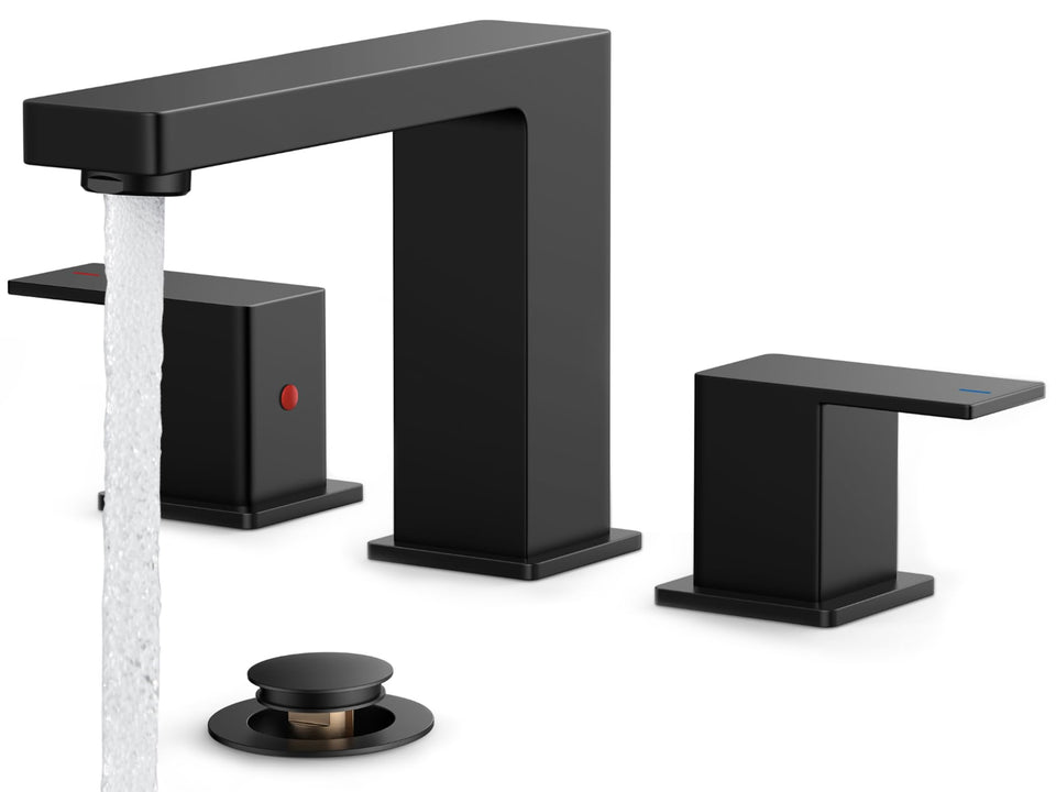 FORIOUS black bathroom faucet showcases bold 3-hole design with a dramatic focal point.