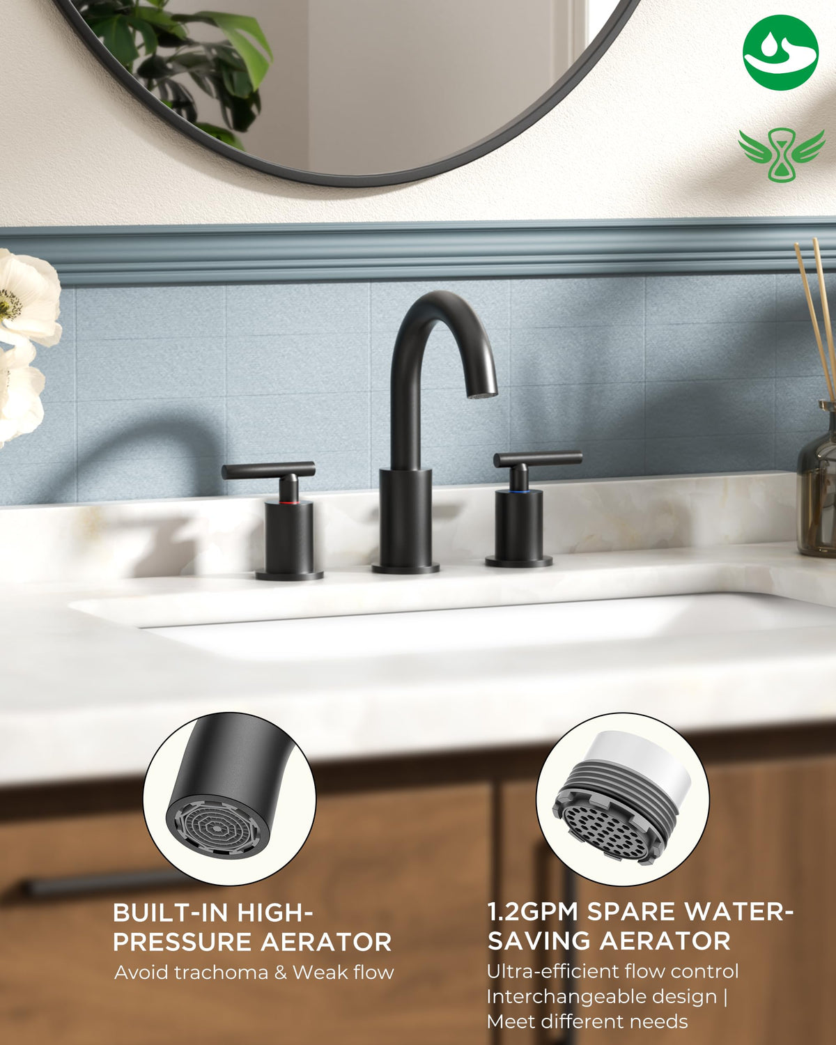 FORIOUS black faucet 3-hole widespread fits 6-12 inch vanities.