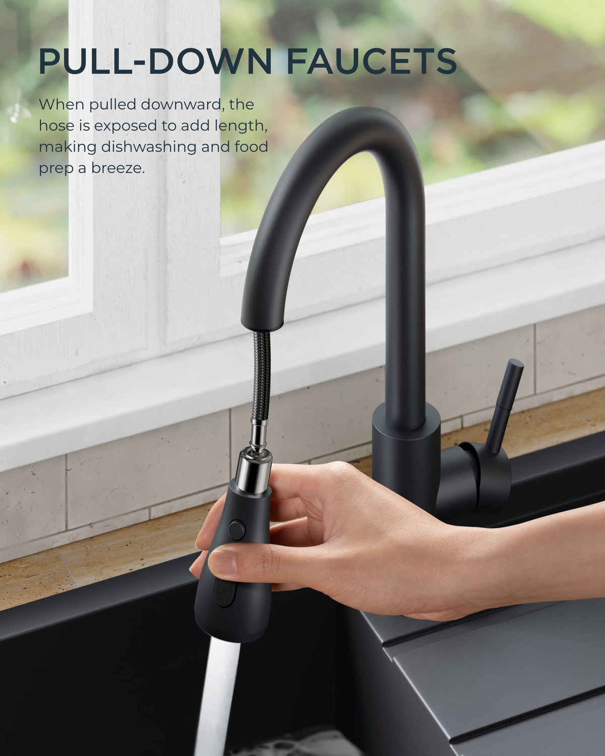 FORIOUS black faucet with a high-arc spout providing ample clearance.