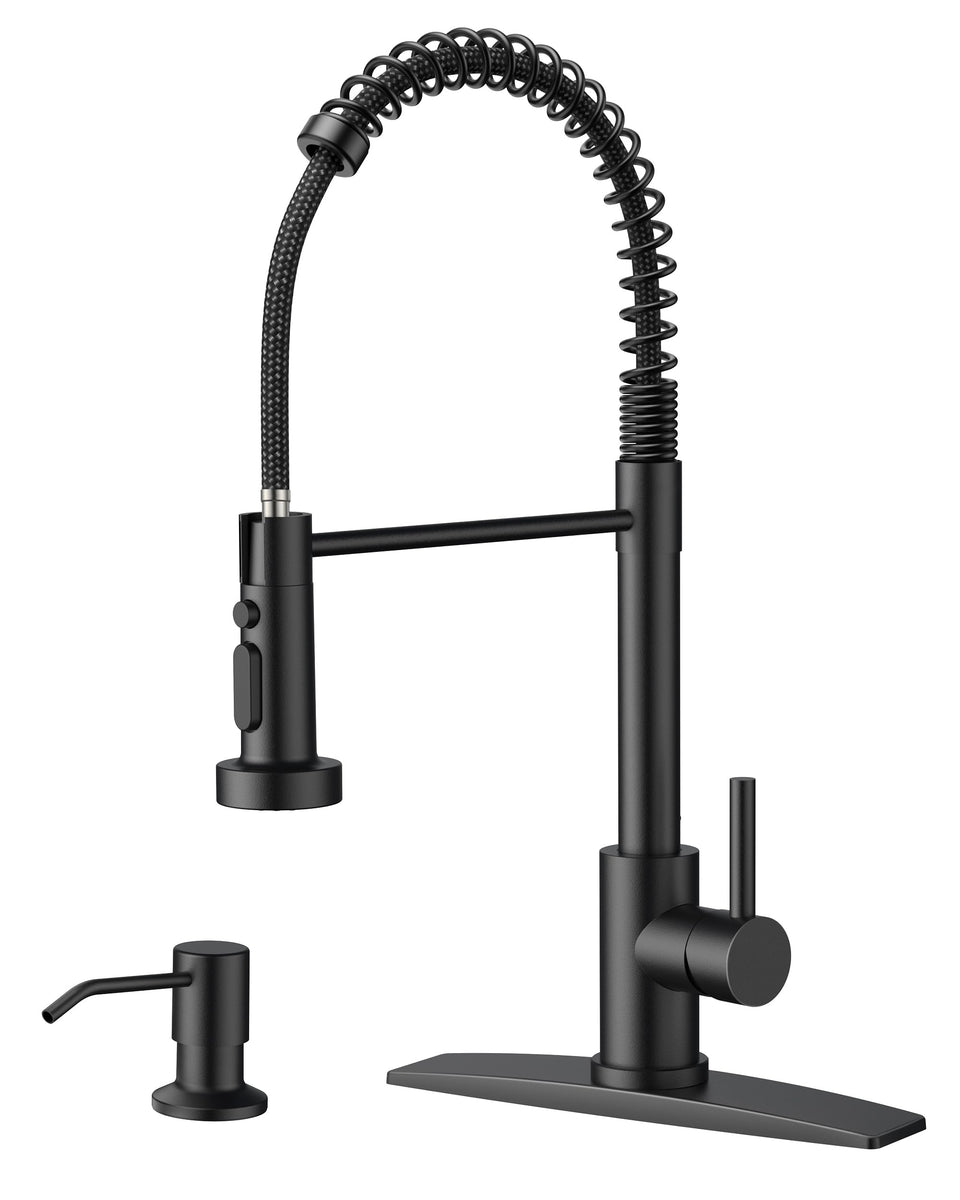 FORIOUS black kitchen faucet with pull-down sprayer for flexible rinsing.