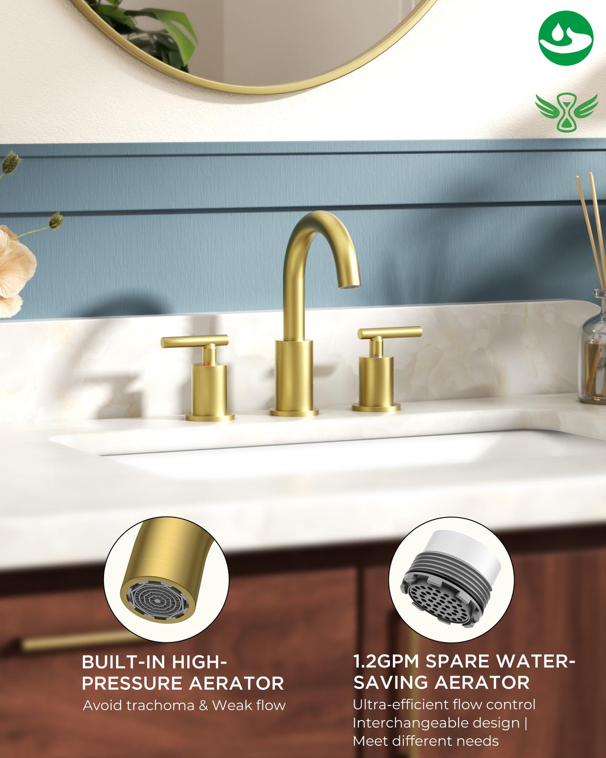 FORIOUS brushed gold gooseneck spout with 360° swivel for flexible reach.