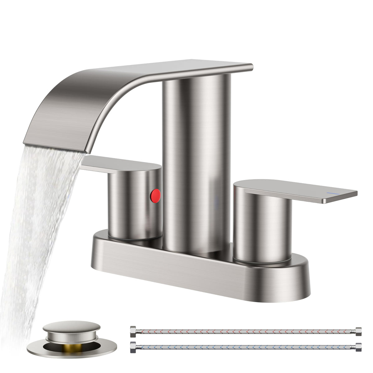 FORIOUS brushed nickel waterfall faucet front view, highlighting modern bathroom style.