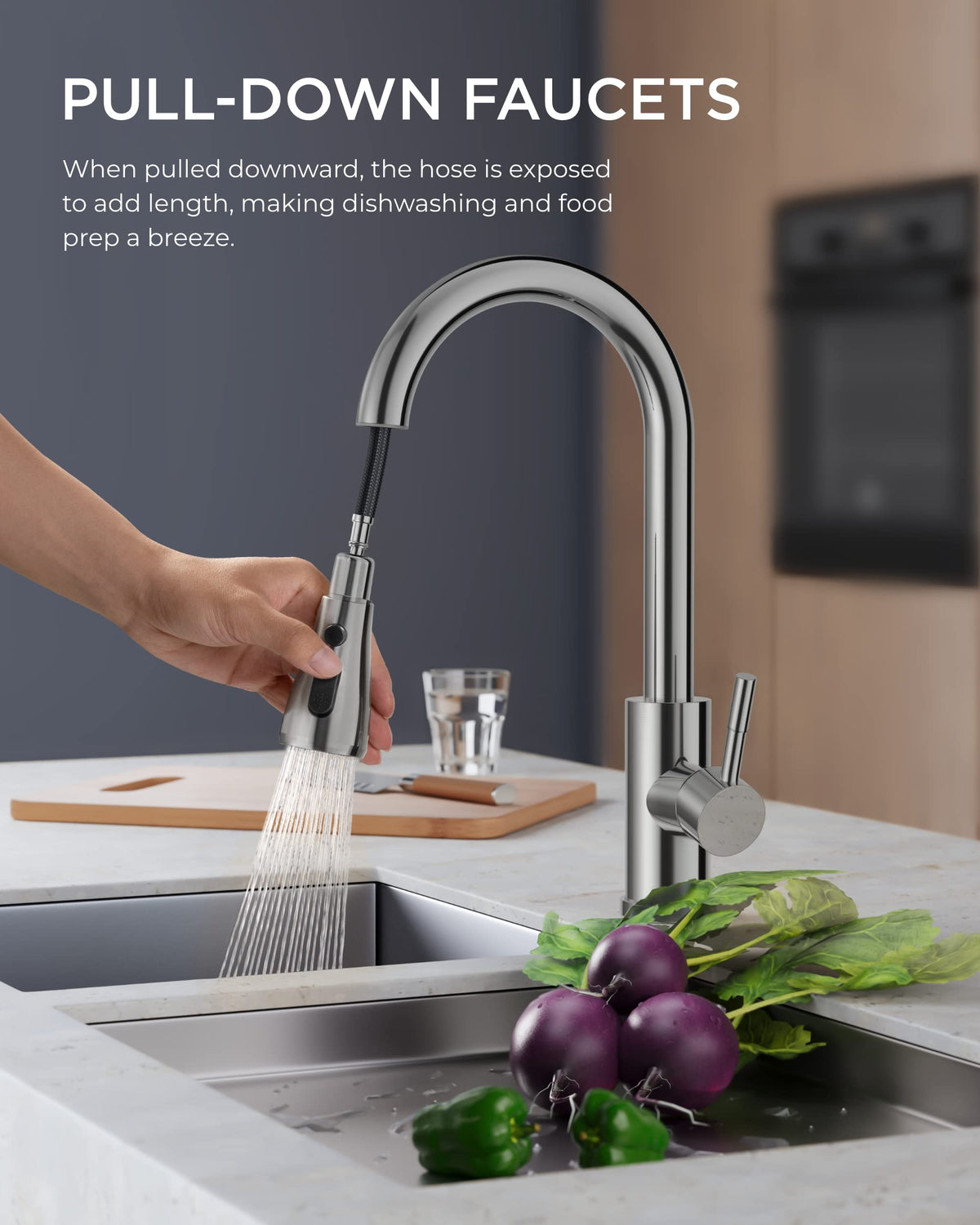 FORIOUS chrome high-arc kitchen faucet with wide reach for prep and rinsing
