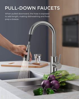 FORIOUS chrome high-arc kitchen faucet with wide reach for prep and rinsing