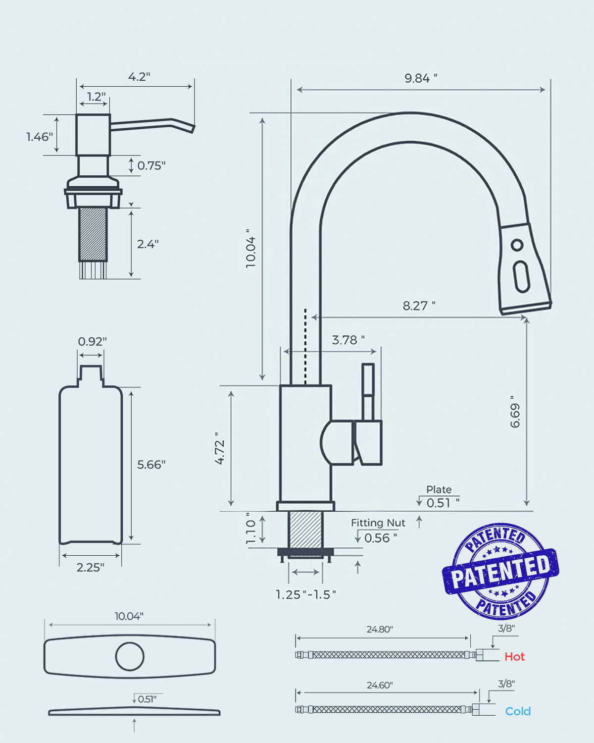 FORIOUS detachable 10-inch deck plate supports flexible one- or three-hole sinks.