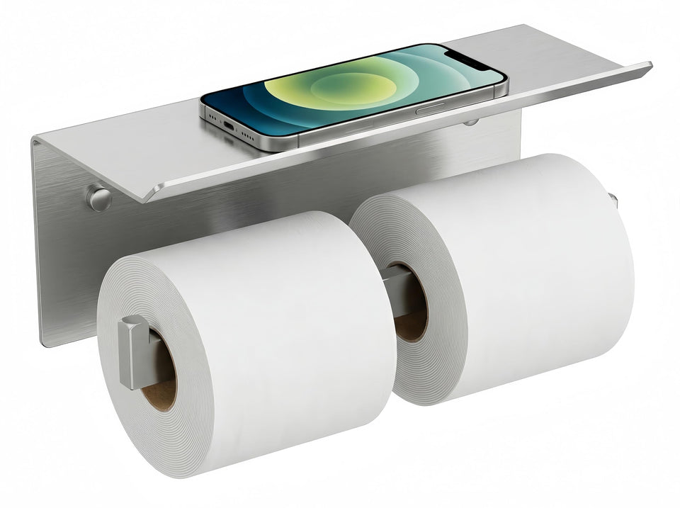 FORIOUS double toilet paper holder with shelf in brushed nickel, ideal for busy hotel bathrooms.