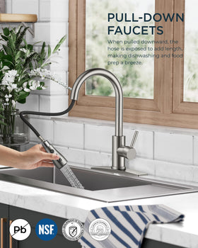 FORIOUS brushed nickel bar arc faucet highlighting durable stainless steel construction