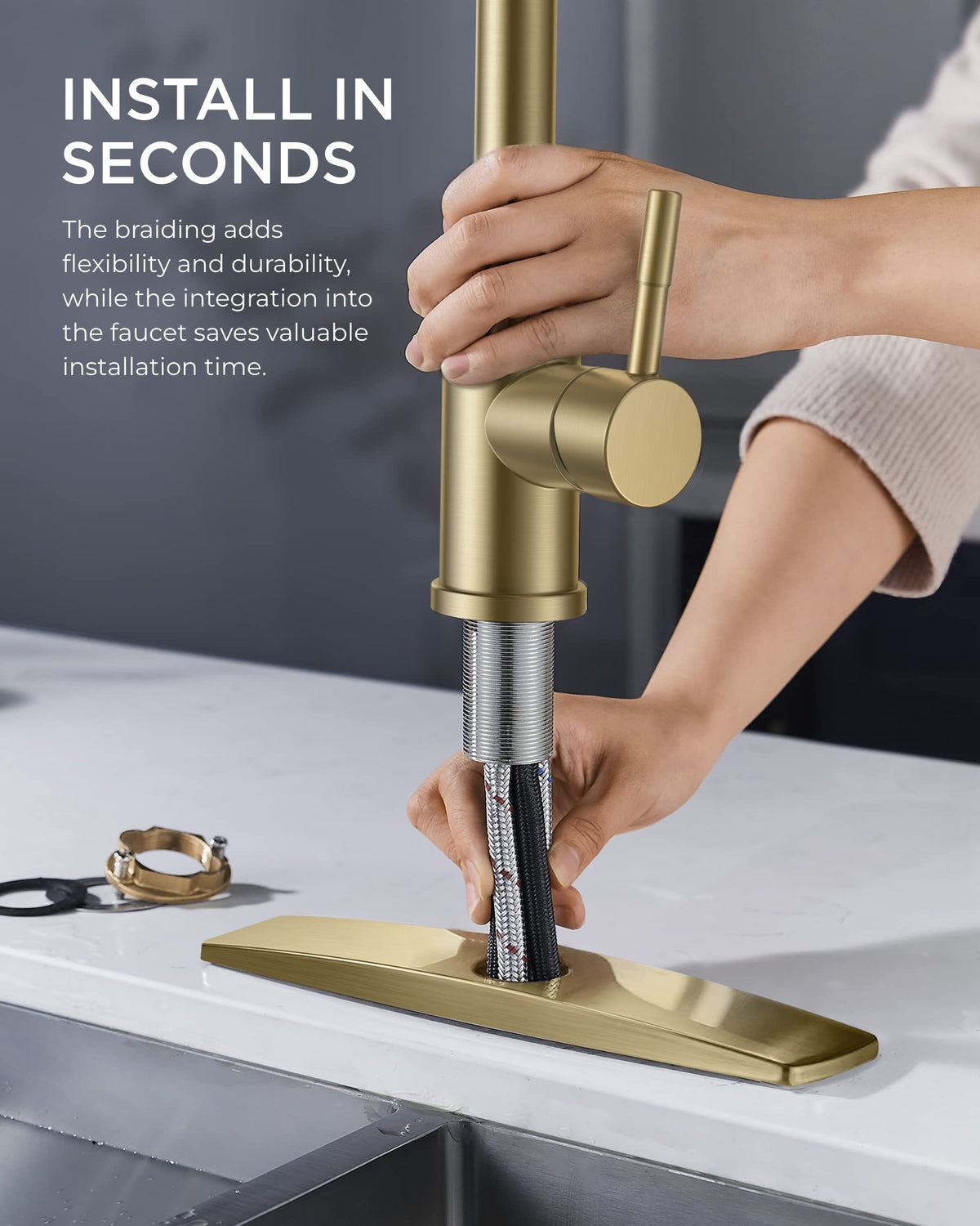 FORIOUS gold kitchen faucet 360-degree-rotation demonstrates full sink access.