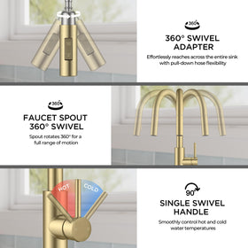 FORIOUS Gold faucet rotates 360 degrees for full sink access.