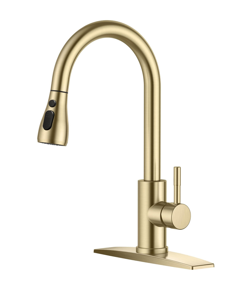 FORIOUS gold kitchen faucet finish closeup shows durable, fingerprint-resistant coating.
