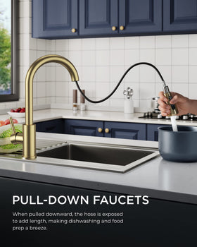FORIOUS gold kitchen faucet full-assembly-view demonstrates easy setup with included hardware.