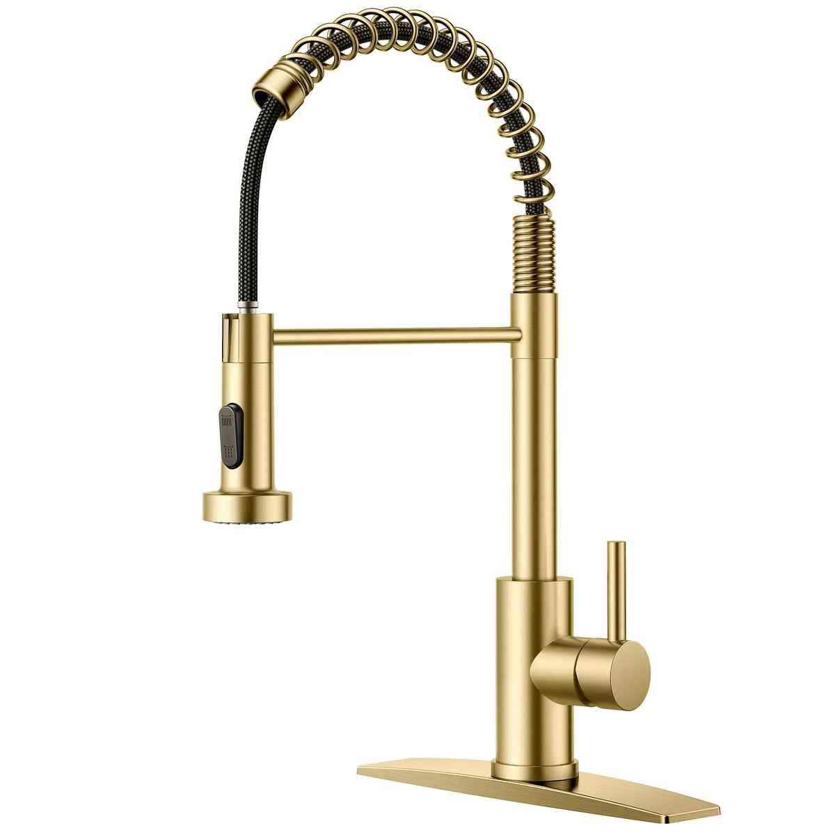 FORIOUS Gold kitchen faucet pull-down spray close-up highlights durable finish and sleek lines.