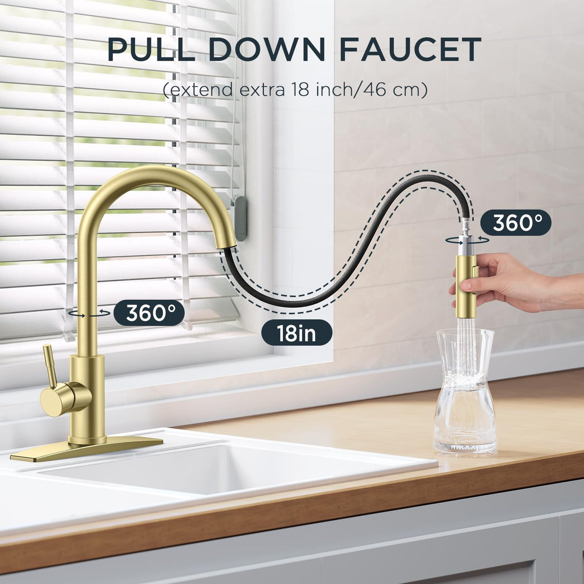 FORIOUS gold faucet with pull-down sprayer for versatile cleaning and rinsing