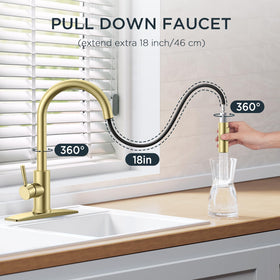 FORIOUS gold faucet with pull-down sprayer for versatile cleaning and rinsing