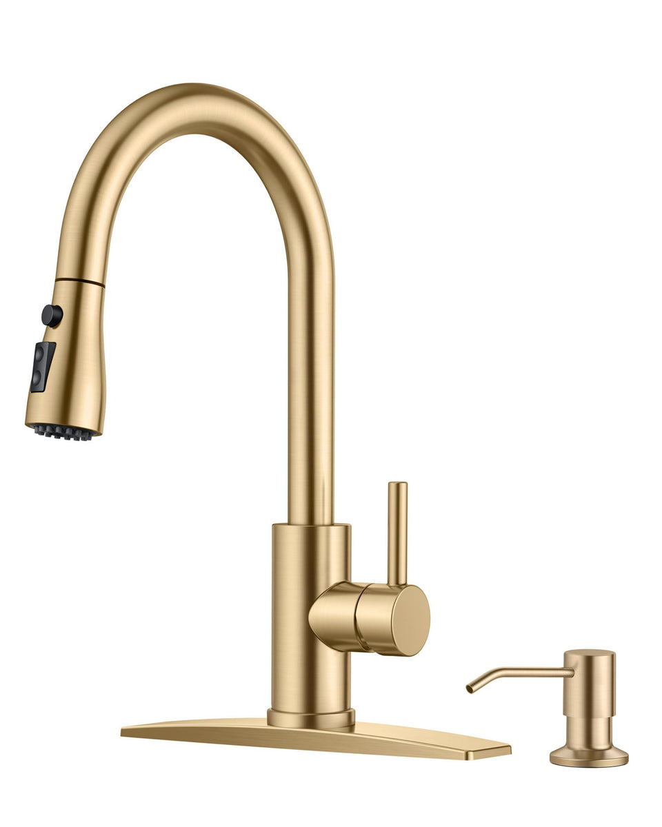 FORIOUS Gold kitchen faucet with pull-down sprayer for flexible cleaning tasks.