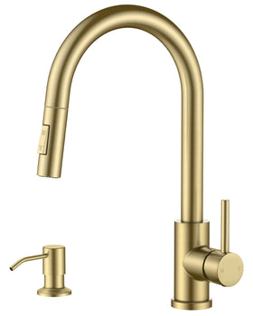 FORIOUS Gold faucet with pull-down sprayer for versatile kitchen tasks.