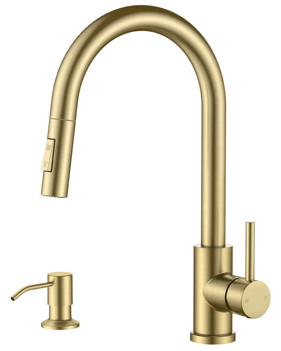 FORIOUS Gold faucet with pull-down sprayer for versatile kitchen tasks.
