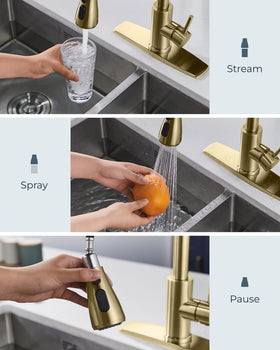 FORIOUS gold kitchen faucet pull-down-sprayer shows flexible reach for sink cleaning.