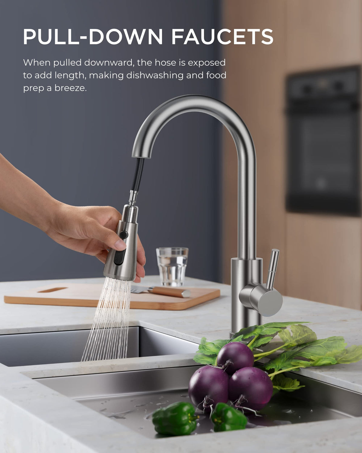 FORIOUS high-arc faucet design with 18 inch retractable hose reaches all sink areas