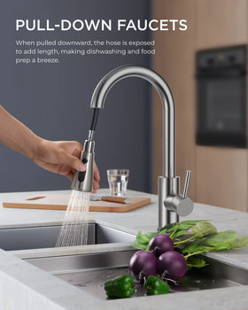 FORIOUS high-arc faucet design with 18 inch retractable hose reaches all sink areas