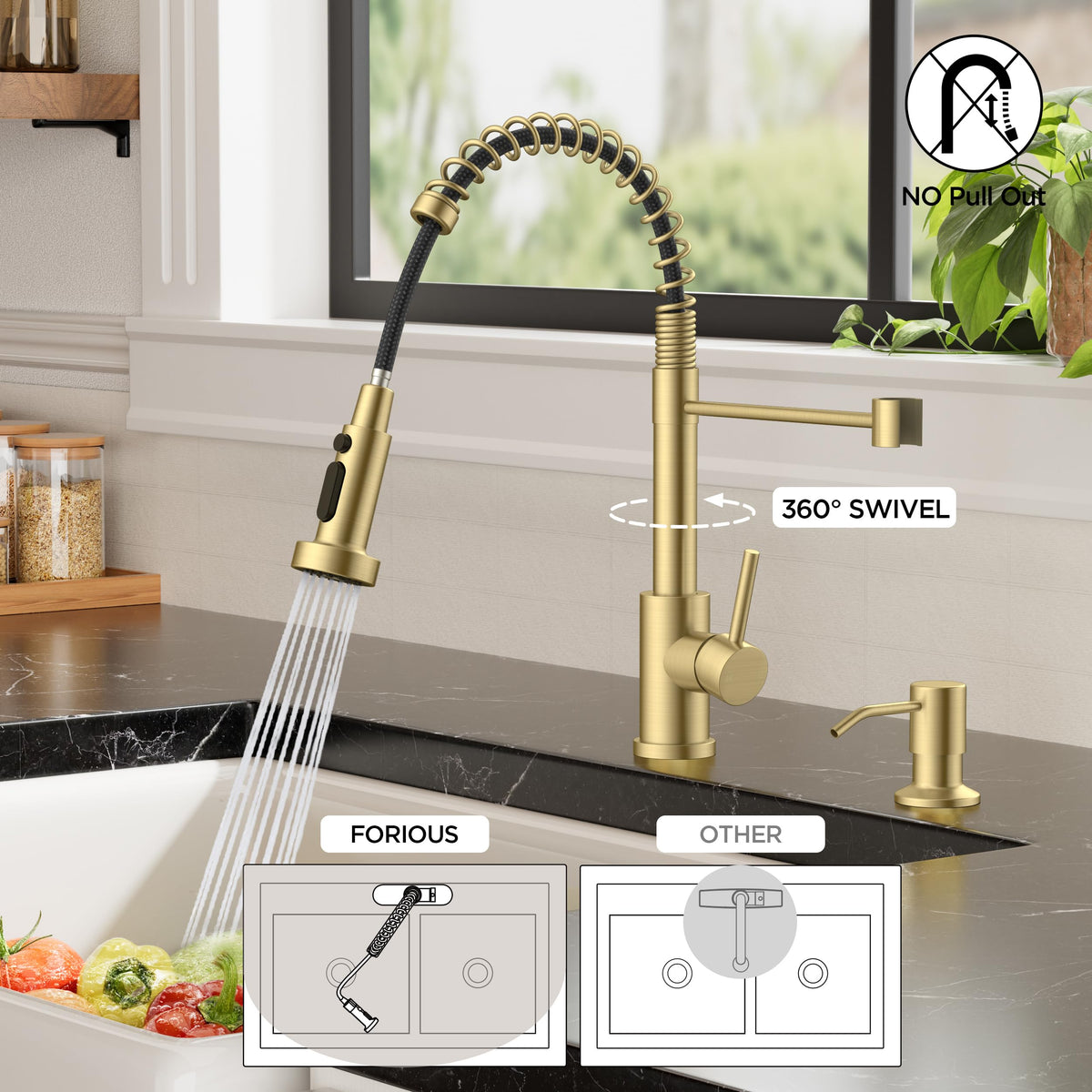 FORIOUS faucet close-up highlighting 3 spray modes and efficient water use.