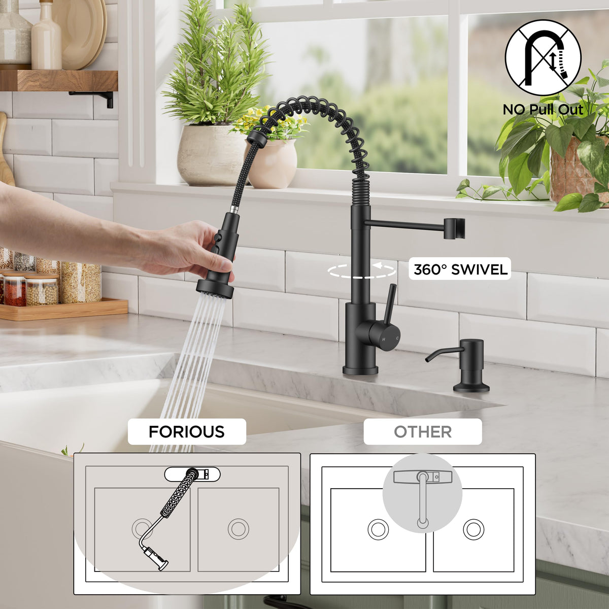 FORIOUS faucet offers three spray modes for different kitchen tasks