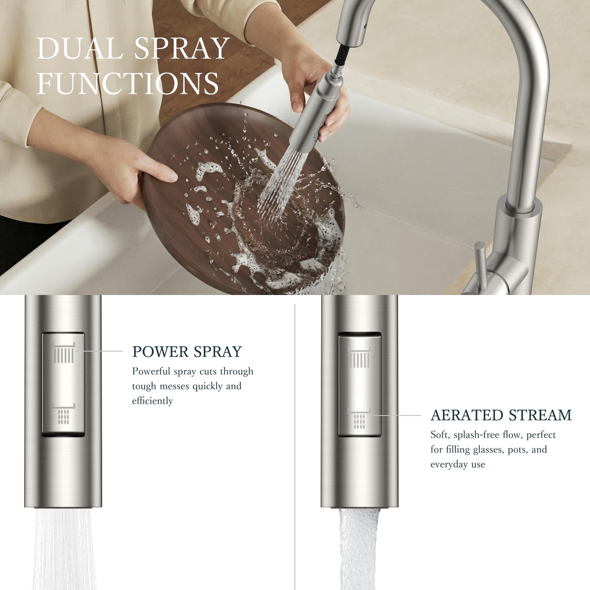 FORIOUS 360-degree swivel spout allows versatile reach around the sink.