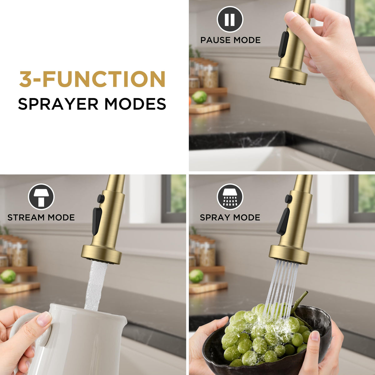 FORIOUS gold faucet with 360° swivel for full sink access.