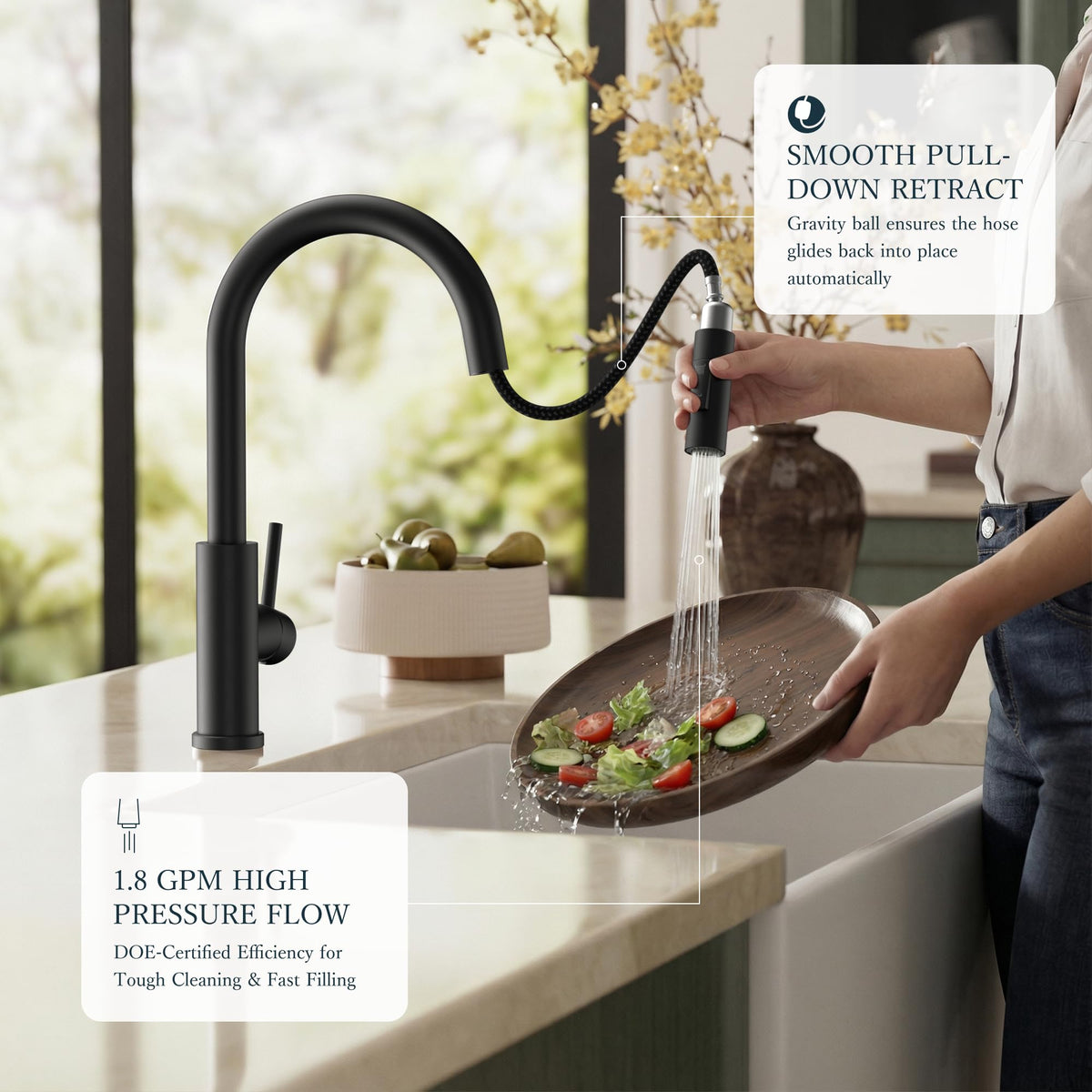FORIOUS arc-spout offers 360° swivel for full sink access.