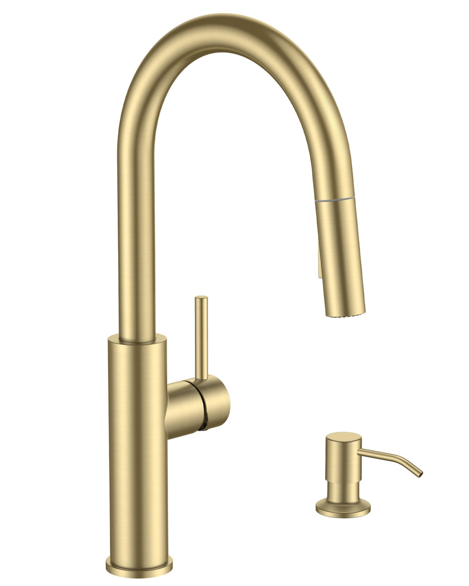 FORIOUS kitchen faucet with high-arc spout in brushed gold for a modern kitchen.