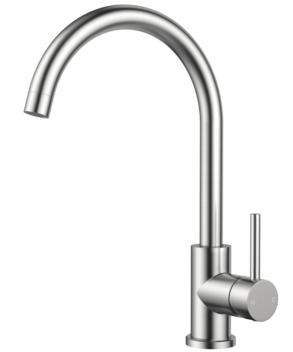 FORIOUS kitchen faucet with brushed-nickel finish and high-arc spout for full sink access