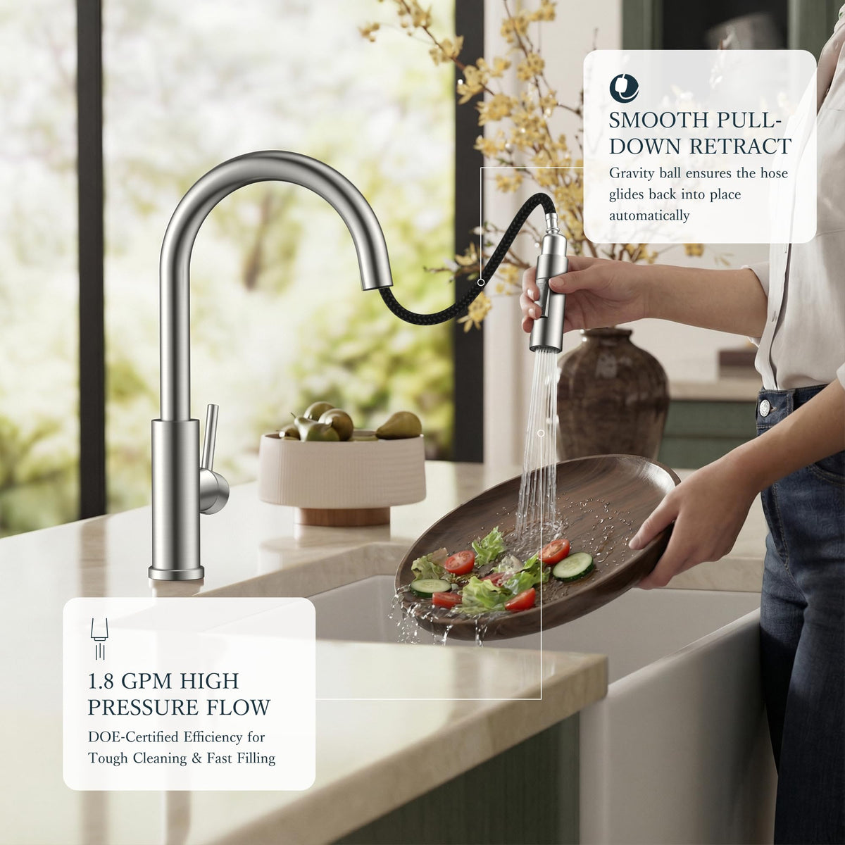 FORIOUS brushed nickel finish on kitchen faucet resists fingerprints and water spots.