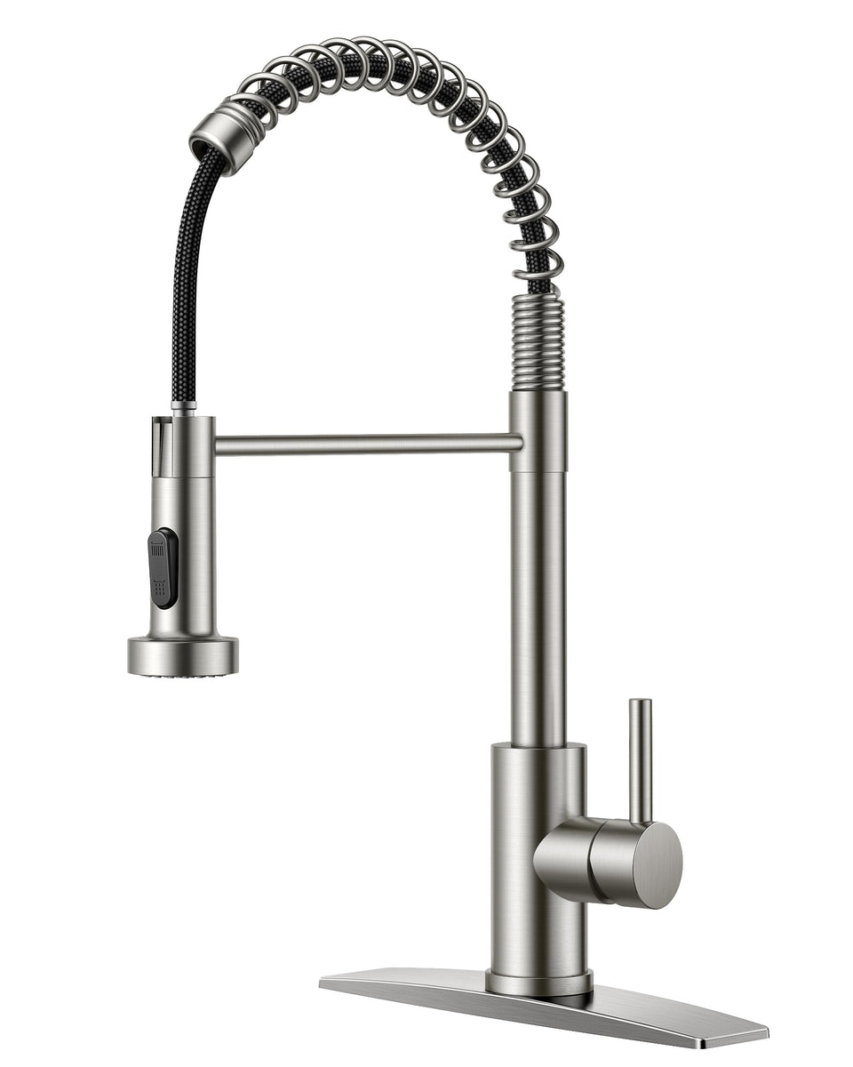 FORIOUS kitchen faucet with brushed nickel finish and pull-down sprayer for busy kitchens