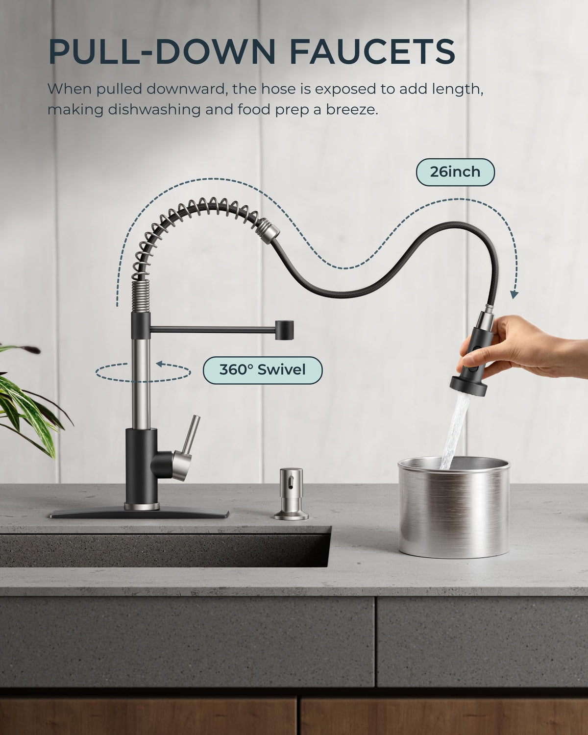 FORIOUS faucet shows dual stream and spray modes for versatile kitchen tasks.
