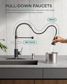 FORIOUS faucet shows dual stream and spray modes for versatile kitchen tasks.