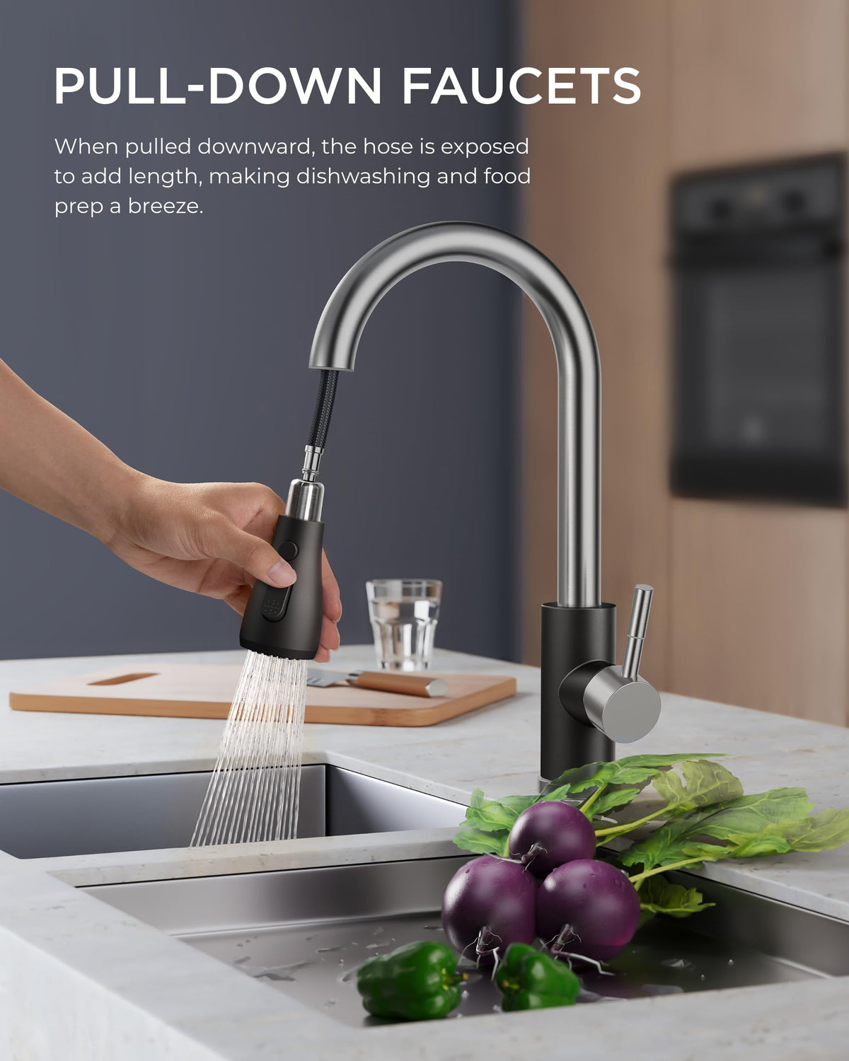 FORIOUS kitchen faucet high-arc-spout provides full sink access and comfortable filling