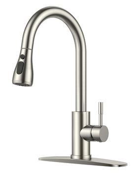 FORIOUS kitchen faucet with pull-down sprayer in brushed nickel for easy rinsing and pot filling.