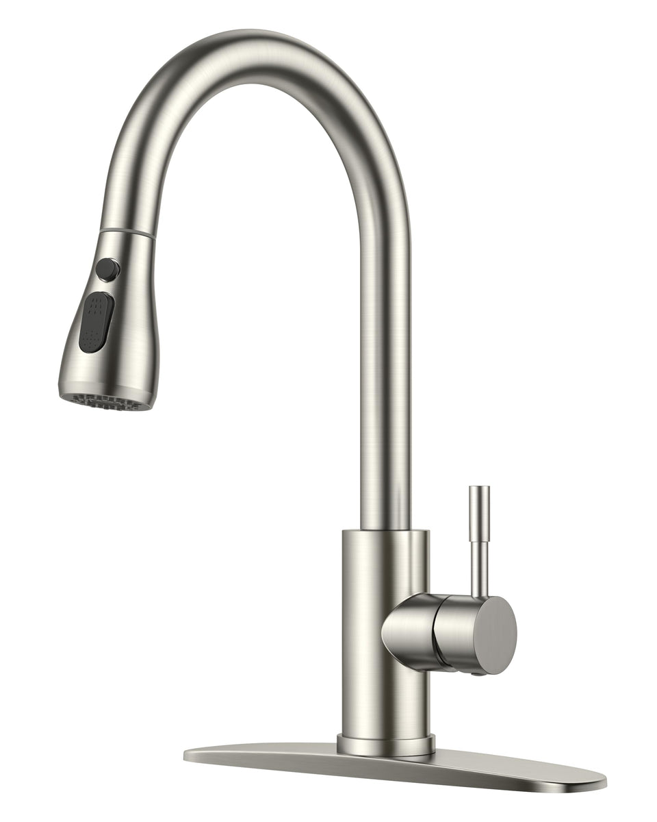 FORIOUS kitchen faucet with pull-down sprayer in brushed nickel for easy rinsing and pot filling.