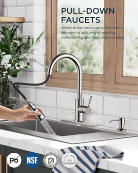 FORIOUS pull-down sprayer faucet in brushed nickel ready for versatile sink tasks