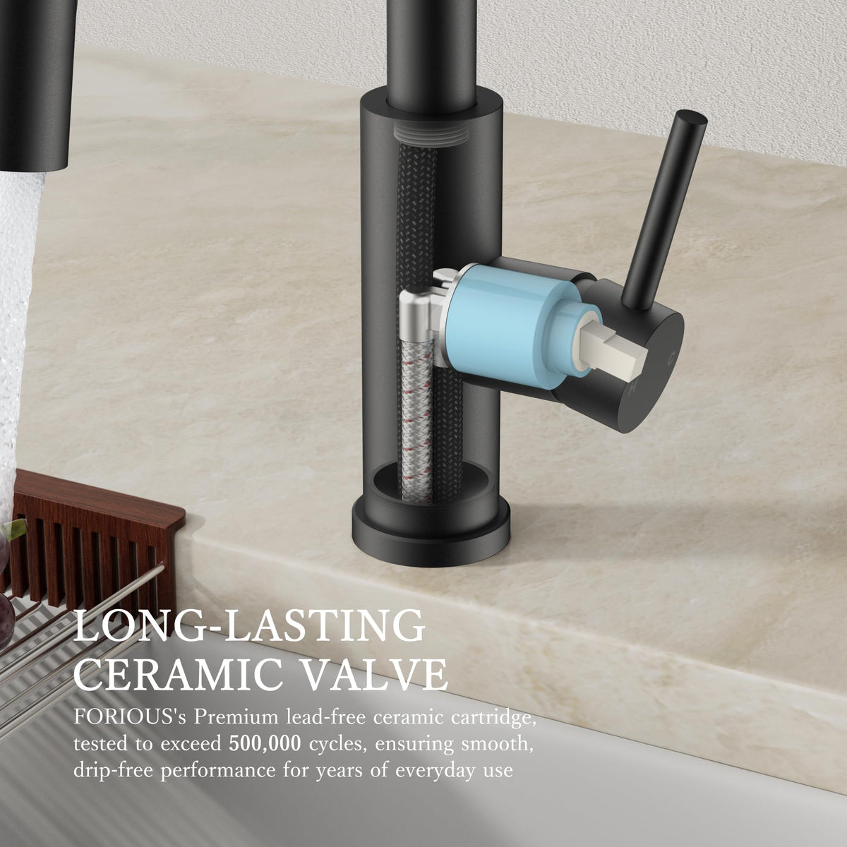 FORIOUS single-handle lever delivers smooth water control.