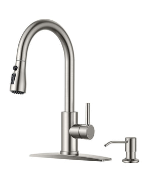 FORIOUS kitchen faucet with soap dispenser in brushed nickel for easy cleaning and organization